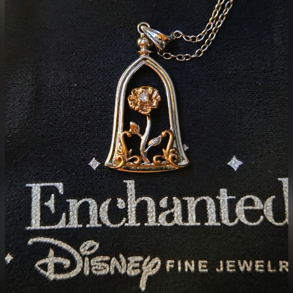 LIKE NEW Enchanted Disney Diamond Accent Belle Rose Jar Pendant Necklace
